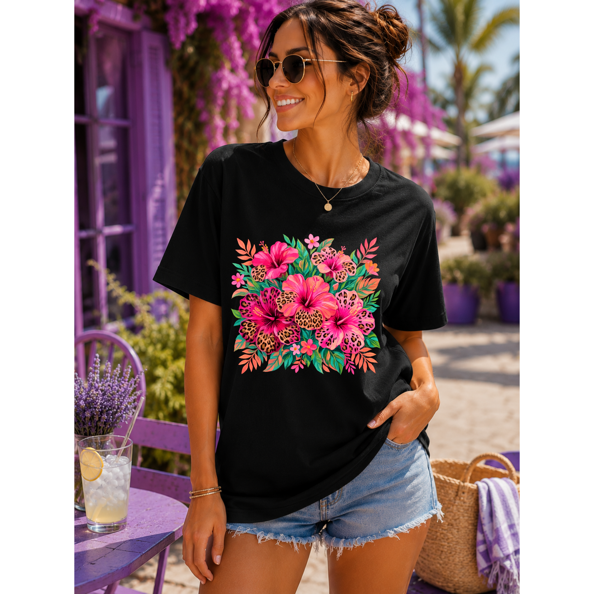 Wild Leopard Hibiscus Floral T-Shirt