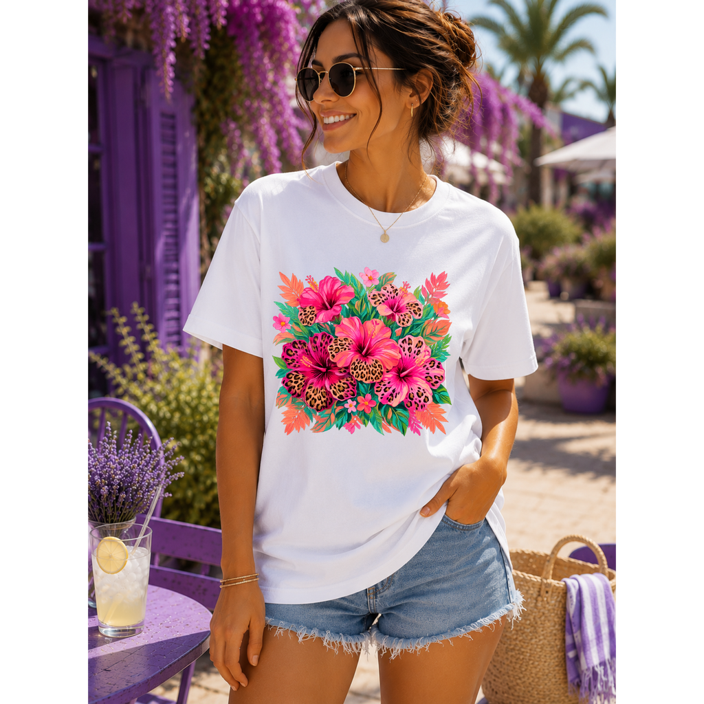 Wild Leopard Hibiscus Floral T-Shirt