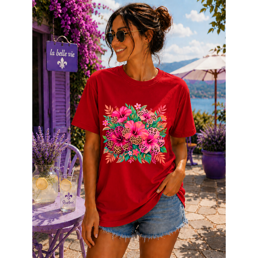 Wild Leopard Hibiscus Floral T-Shirt