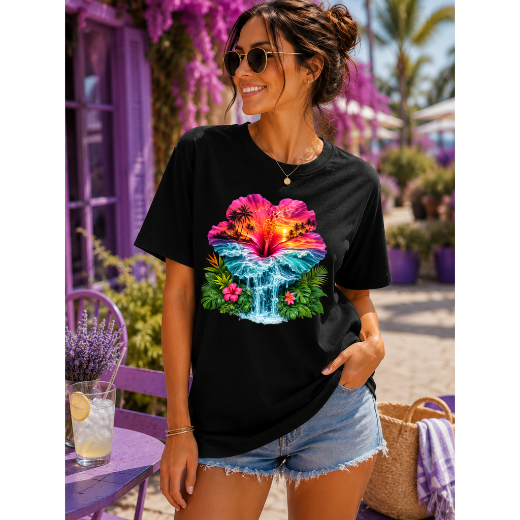 Tropical Sunset Waterfall Hibiscus T-Shirt