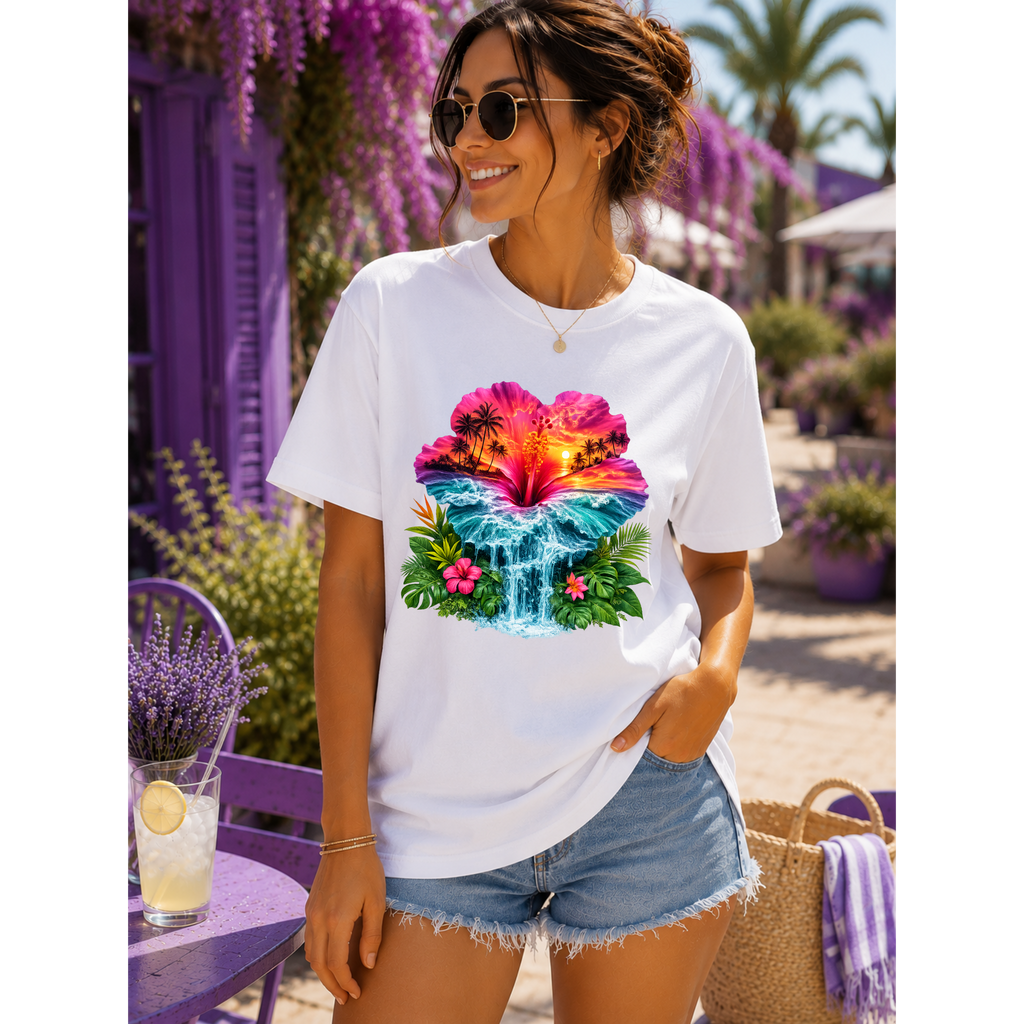 Tropical Sunset Waterfall Hibiscus T-Shirt