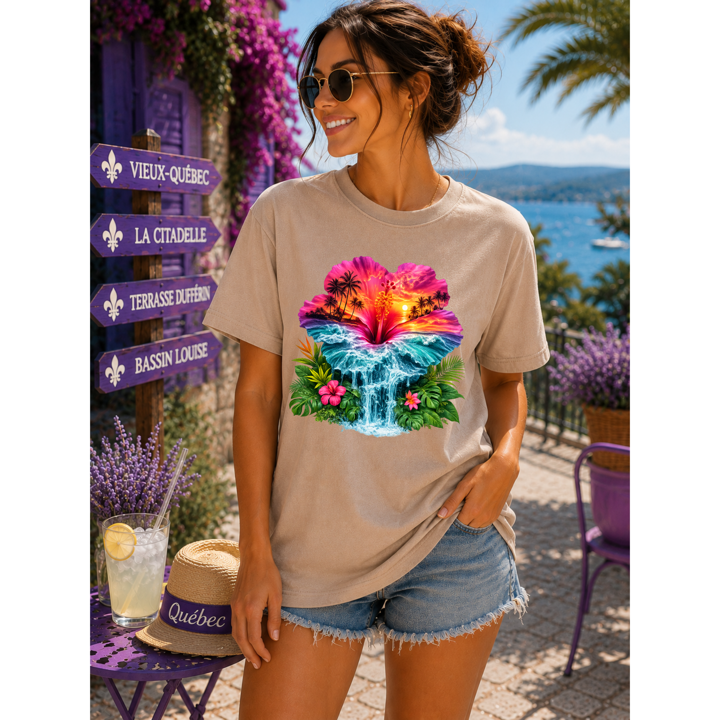 Tropical Sunset Waterfall Hibiscus T-Shirt