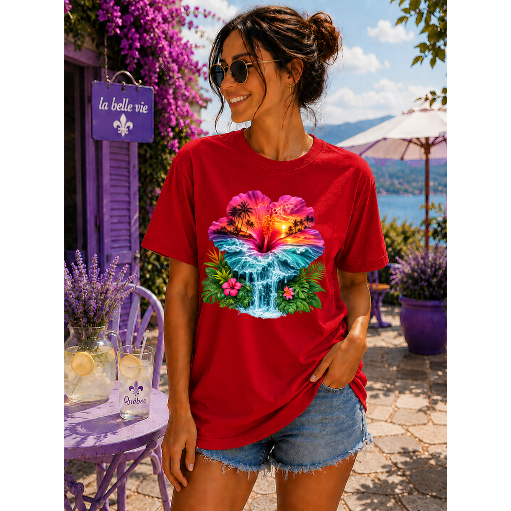 Tropical Sunset Waterfall Hibiscus T-Shirt