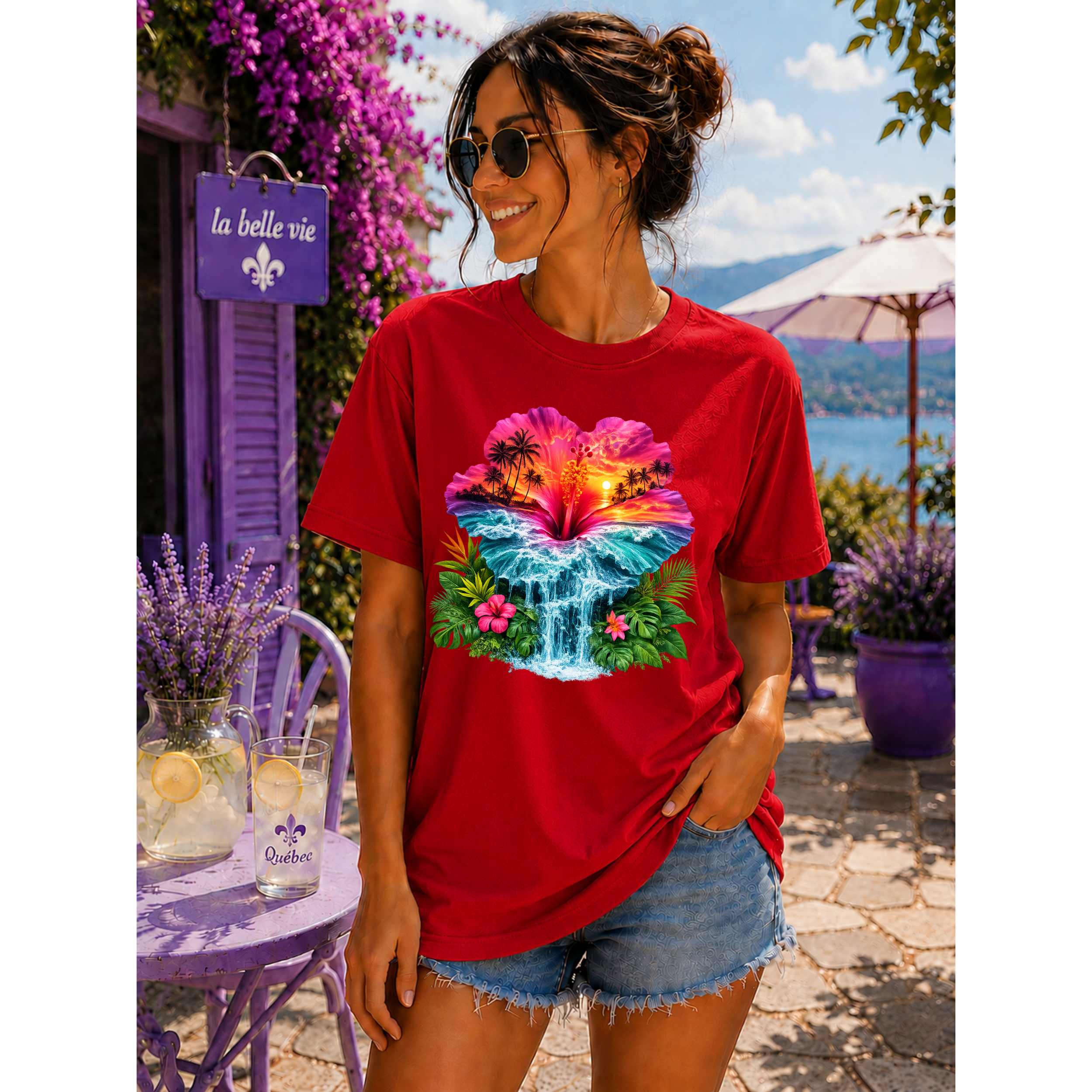 Tropical Sunset Waterfall Hibiscus T-Shirt