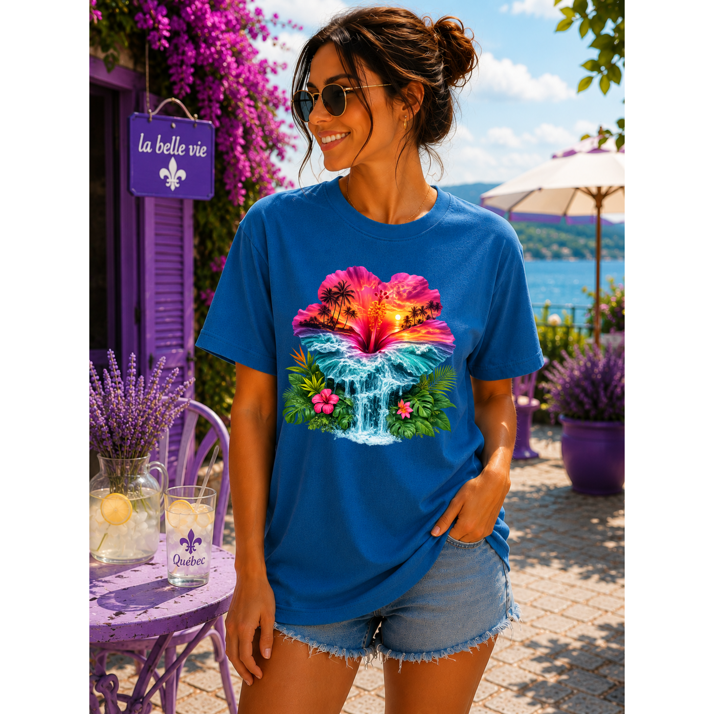 Tropical Sunset Waterfall Hibiscus T-Shirt