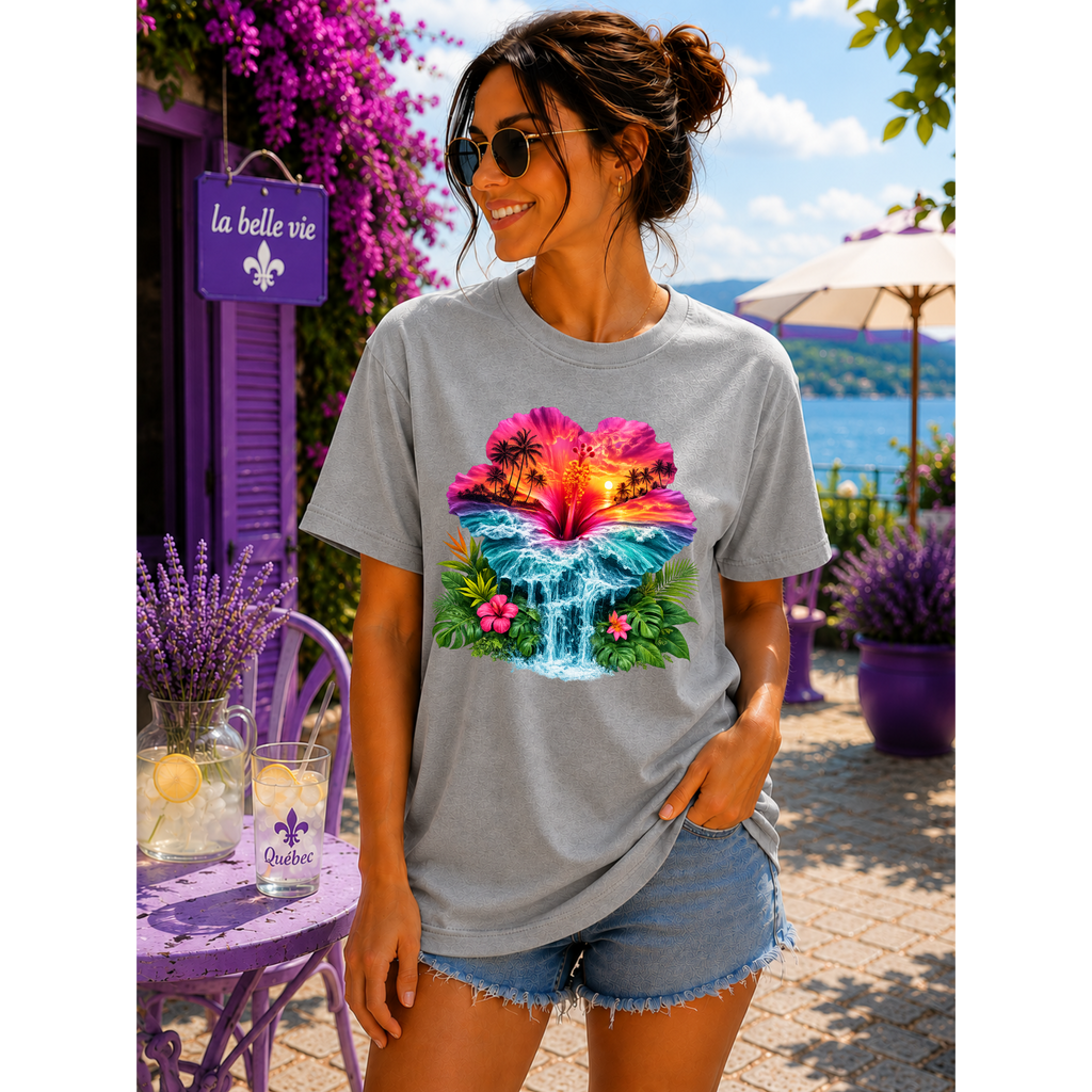 Tropical Sunset Waterfall Hibiscus T-Shirt