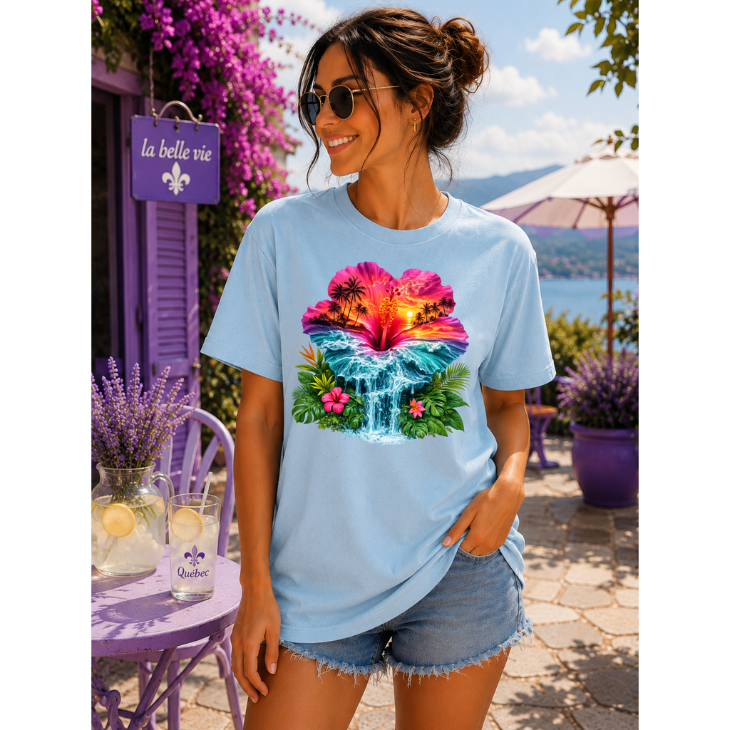 Tropical Sunset Waterfall Hibiscus T-Shirt
