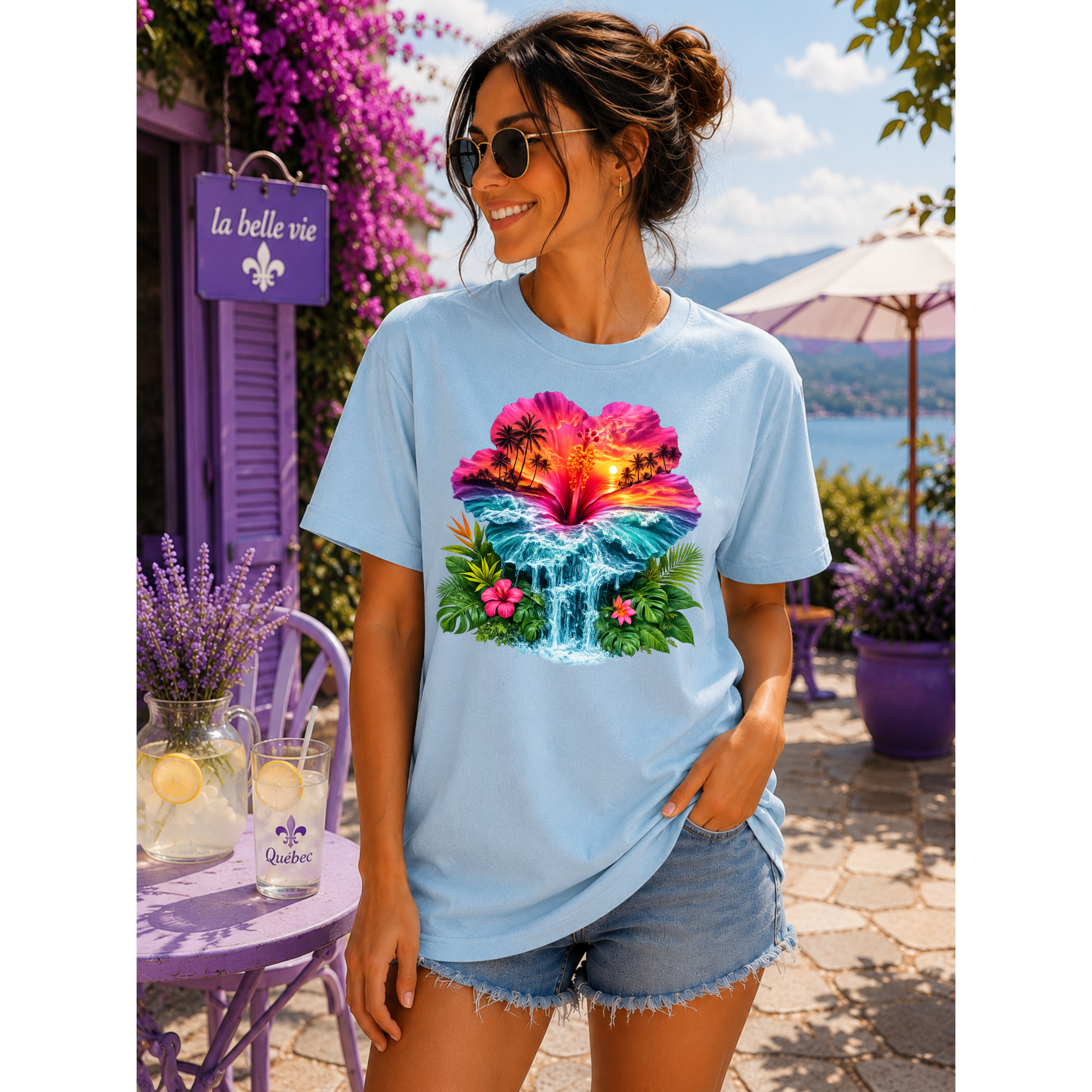 Tropical Sunset Waterfall Hibiscus T-Shirt