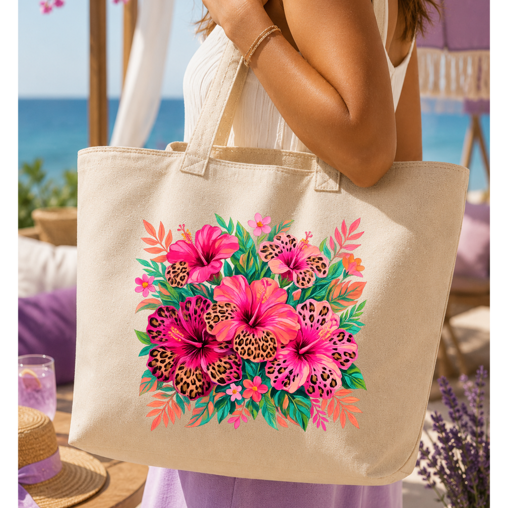 WIld Leopard Hibiscus Floral Totebag