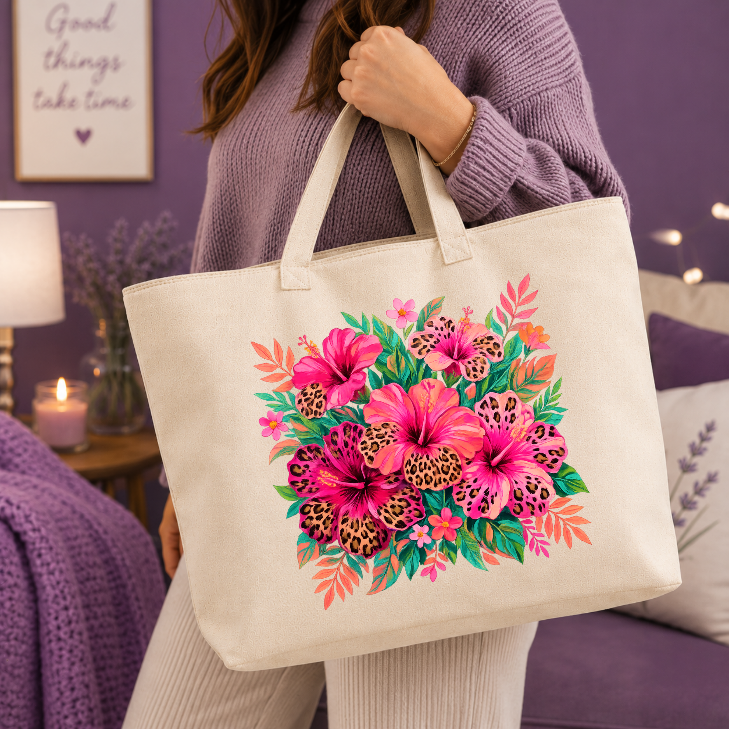 WIld Leopard Hibiscus Floral Totebag