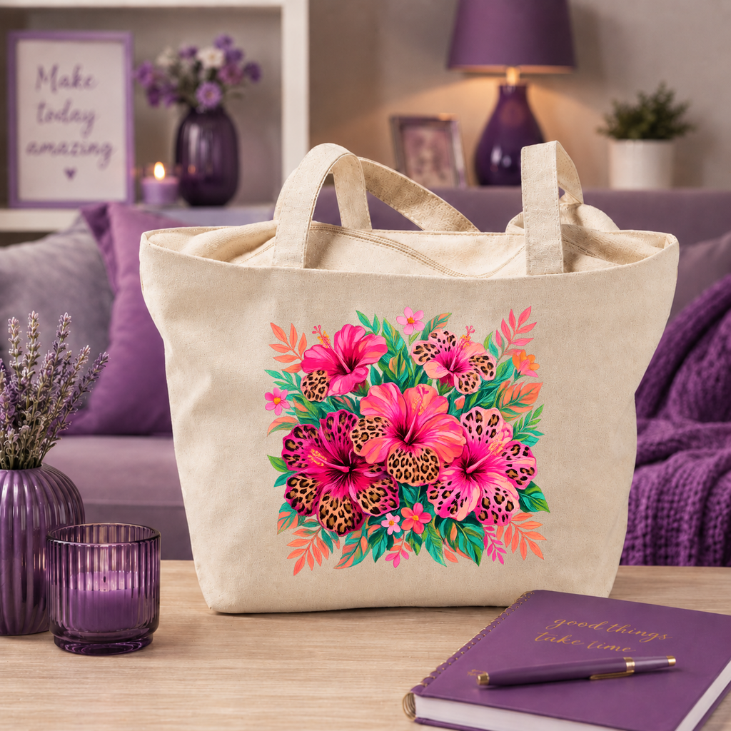 WIld Leopard Hibiscus Floral Totebag
